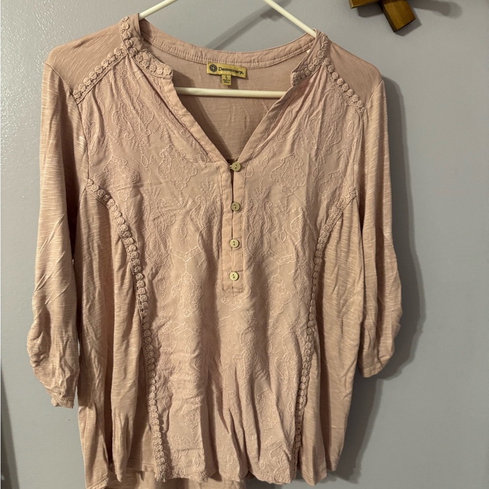 Democracy Blush Pink Embroidered Henley Tunic